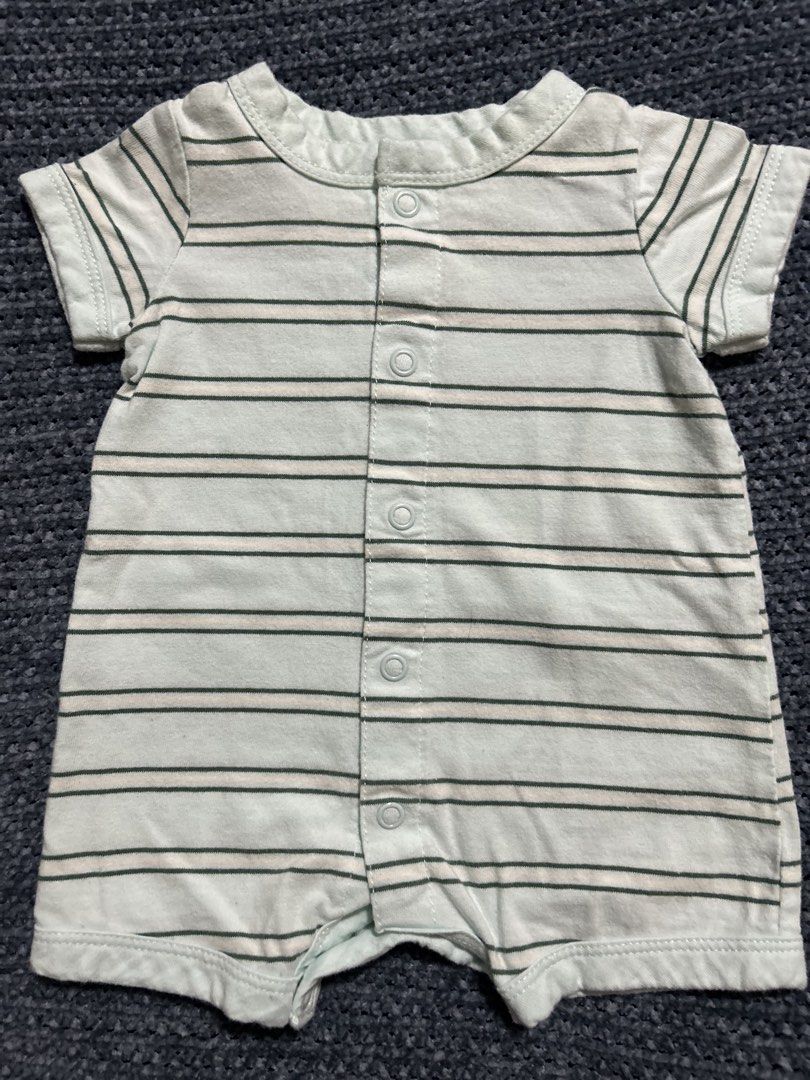 Carter's Striped Newborn Romper (Category: Babies & Kids Fashion) located in Pasig City. Submitted by mixpicks (Listing ID 1467166237, Image 2). Description: - Brand: Carter's - Size: Newborn - Design: Light blue and green stripes - Material: Soft, breathable cotton - Features: Short sleeves, front and bottom snap buttons for easy changing - Comfort: Tagless printed neckline to prevent irritation - Origin: Made in Vietnam.
