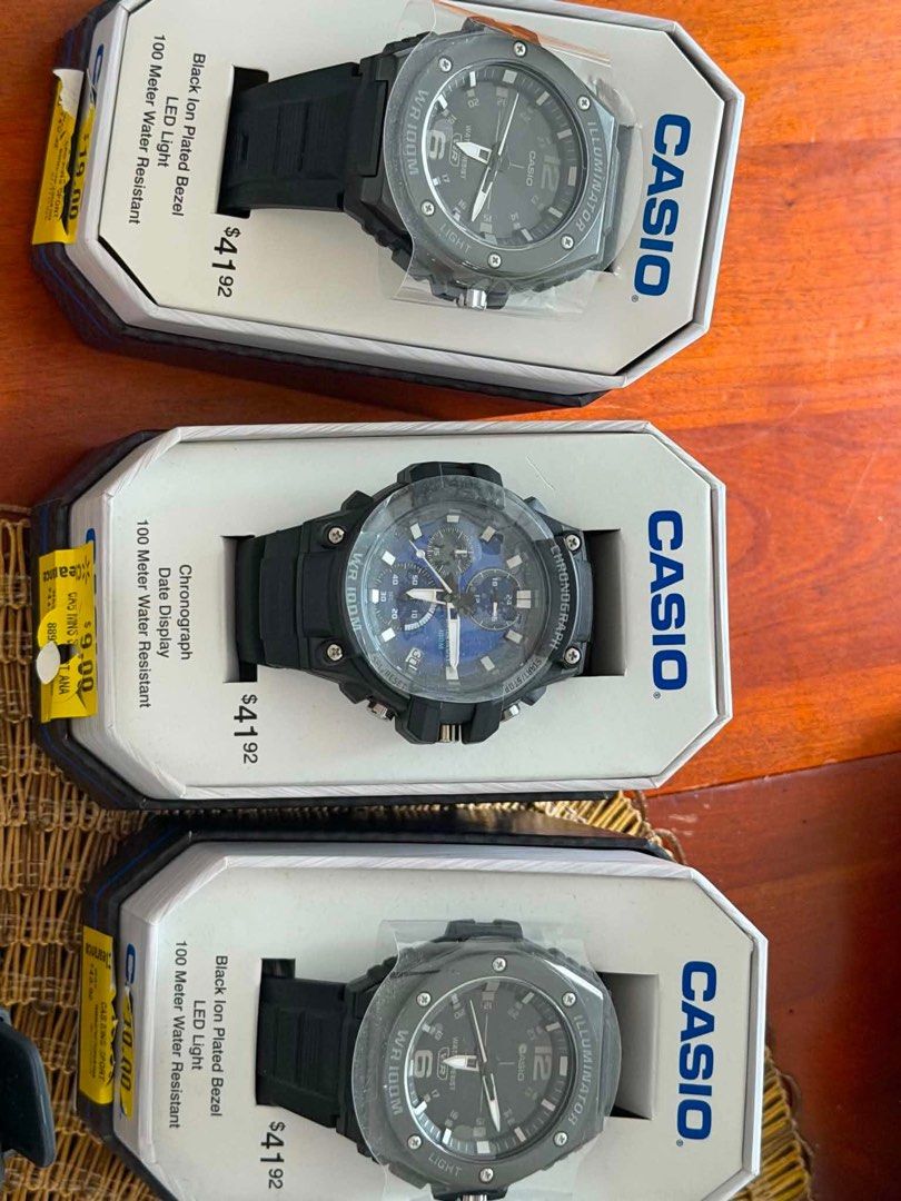 Casio Illuminator and Chronograph Watches (Category: Men's Watches) located in Manila. Submitted by dyvmx949t543465 (Listing ID 1467061127, Image 1). Description: - Authentic Casio watches in original packaging available individually or as a set - Clearance price: $41.92 each - Model 1 & 2: Black ion-plated bezel, LED light, and 100-meter water resistance - Model 3: Chronograph with date display and sleek blue dial accents - Strap: Durable black 