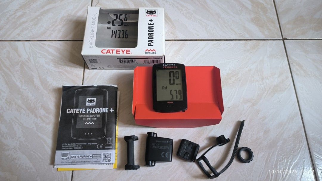 Cateye Padrone Plus Wireless Cyclocomputer CC-PA110W (Category: Bicycles) located in Calamba. Submitted by rpmaximum (Listing ID 1467002621, Image 1). Description: - Model: Cateye Padrone Plus (CC-PA110W) - Condition: Brand new in retail box - Features: Extra-large display with backlight function - Included: Head unit, speed sensor, brackets, mounting hardware, and original instruction manual - Type: Wireless cycle computer.