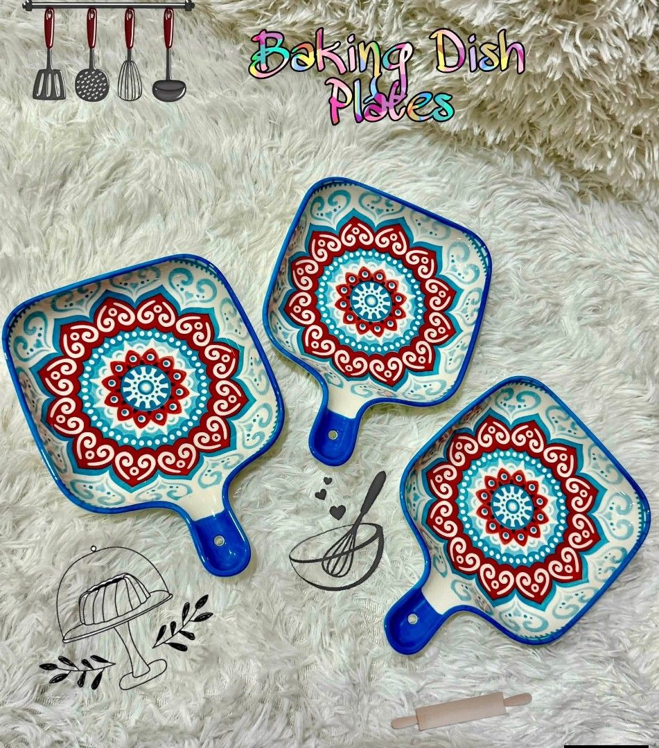 Ceramic Baking Dish Plates with Handles Floral Boho Pattern (Category: Dinnerware & Cutlery) located in Paranaque City. Submitted by allisberry (Listing ID 1467079736, Image 1). Description: - Set of 3 square ceramic baking dishes with convenient side handles - Features vibrant red and blue mandala floral patterns with a glossy finish - Sturdy and durable material, great for everyday use - Perfect for small bakes, side dishes, or serving snacks -