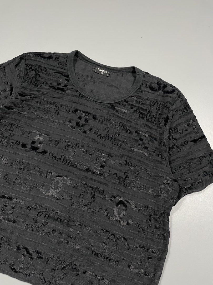 Chanel Textured velvet shirt (Category: Luxury Apparel) located in Taguig. Submitted by _curatedfits (Listing ID 1467110391, Image 2). Description: Chanel Textured velvet shirt Size: Small Width 21” Length 21” Flaws teared hem di naman po kita kasi sa inside lang po - 650 dm! .