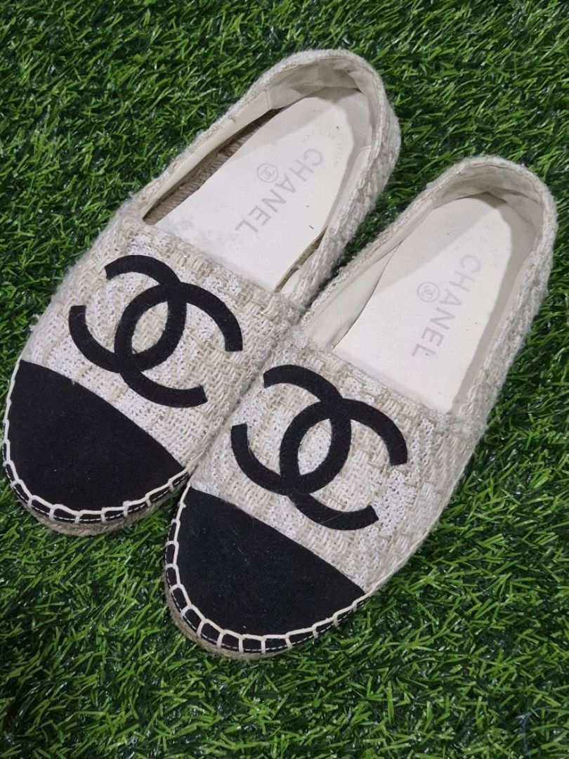 Chanel Tweed Espadrilles Flats Size 37 (Category: Flats & Sandals) located in Antipolo. Submitted by saribymonica (Listing ID 1461806787, Image 1). Description: - Brand: Chanel Dupe - Style: Espadrilles - Tweed - Minor signs of usage /creases - Color: Beige and Black - Features: Classic CC logo on front, jute sole - Origin: Made in Spain - Size: 37 - Comfort: Super comfy - Style: Stylish, great for casual wear.