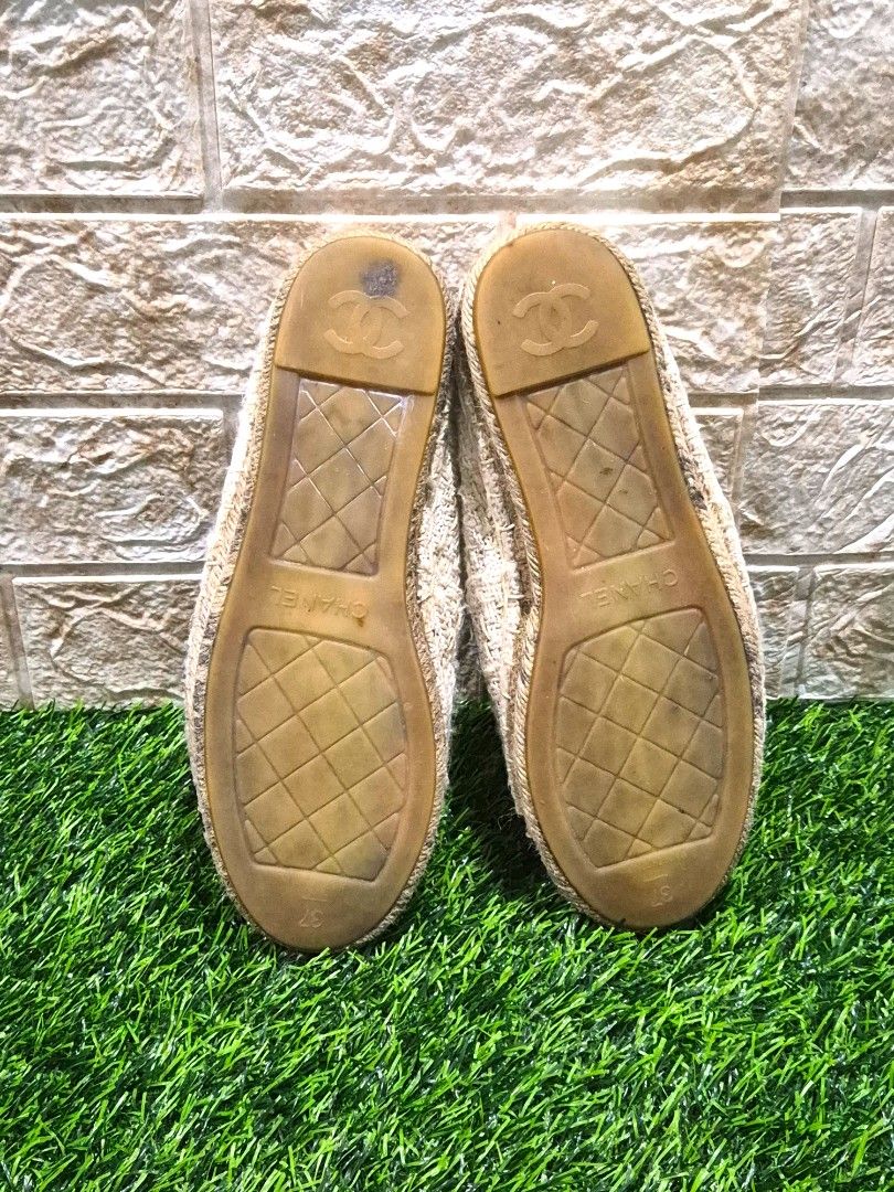 Chanel Tweed Espadrilles Flats Size 37 (Category: Flats & Sandals) located in Antipolo. Submitted by saribymonica (Listing ID 1461806787, Image 3). Description: - Brand: Chanel Dupe - Style: Espadrilles - Tweed - Minor signs of usage /creases - Color: Beige and Black - Features: Classic CC logo on front, jute sole - Origin: Made in Spain - Size: 37 - Comfort: Super comfy - Style: Stylish, great for casual wear.