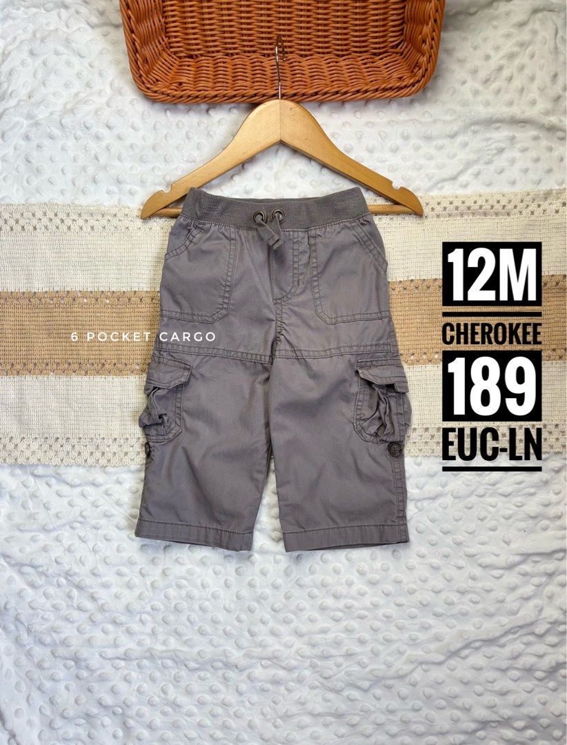 Cherokee 6 Pocket Cargo Shorts Size 12M (Category: Babies & Kids Fashion) located in Quezon City. Submitted by rosemyamar (Listing ID 1467067752, Image 1). Description: - Brand: Cherokee - Size: 12 months - Color: Gray - Waist: Elastic waistband with adjustable drawstring - Pockets: 6 functional pockets including side cargo flaps with button closure - Material: Durable fabric, perfect for everyday play and warm weather.