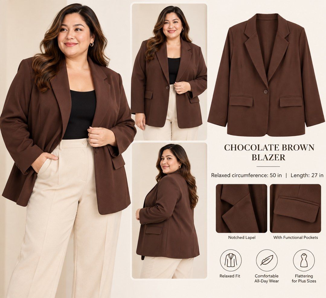 Chocolate Brown Plus Size Relaxed Blazer (Category: Coats, Jackets and Outerwear) located in Quezon City. Submitted by kishey (Listing ID 1467141448, Image 1). Description: - Color: Chocolate brown - Fit: Relaxed fit, plus size - Measurements: 50 inches circumference, 27 inches length .