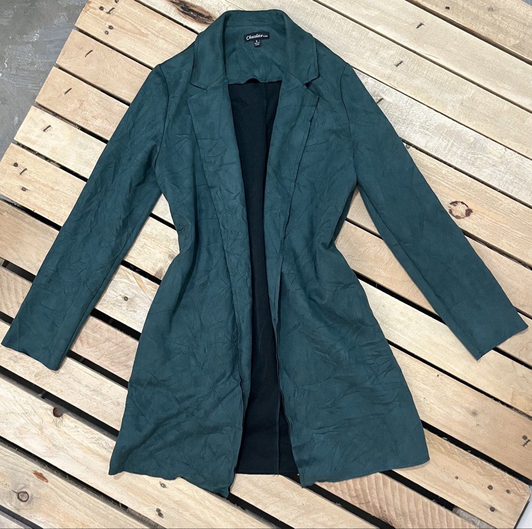 Chocolate U.S.A. Green Suede Blazer Jacket Size S (Category: Coats, Jackets and Outerwear) located in Santa Rosa. Submitted by thrifty_bev (Listing ID 1467022742, Image 3). Description: Chocolate U.S.A. Emerald Green Faux Suede Longline Blazer - Size S ₱280 Loc: Santa Rosa, Nueva Ecija MOD: Shapee Checkout MOP: Payment first via Maribank (No COD).