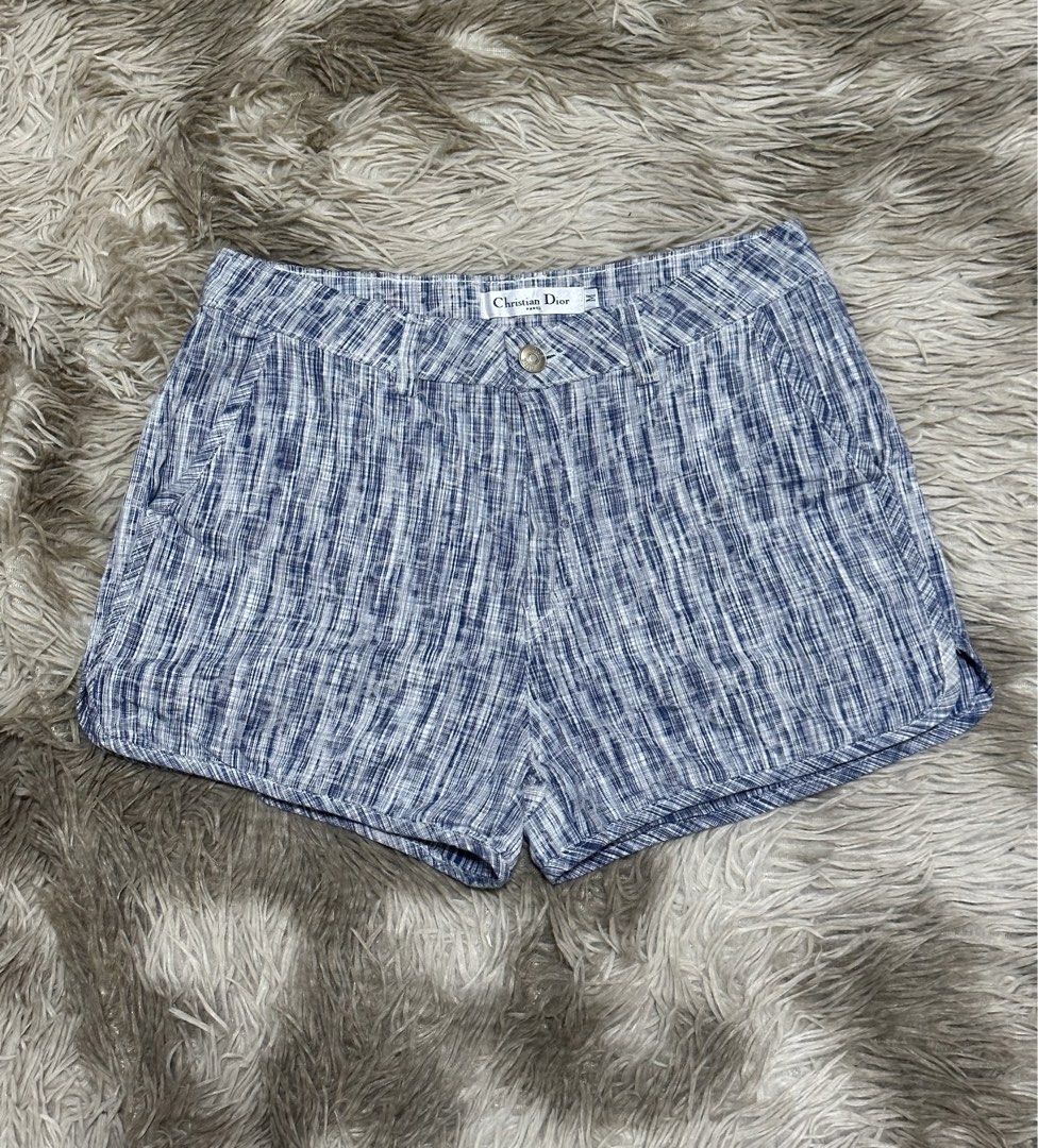 Christian Dior Blue White Patterned Cotton Shorts (Category: Shorts) located in General Santos City (Dadiangas). Submitted by darylvoid (Listing ID 1467088261, Image 1). Description: - Brand: Christian Dior - Color: Blue and White - Material: 100% Textured Cotton (Made in France) - Size: M (tagged at waistband) - Fit: Mid-rise with front button closure and belt loops - Pockets: Functional side pockets and two back welt pockets - Condition: Excell