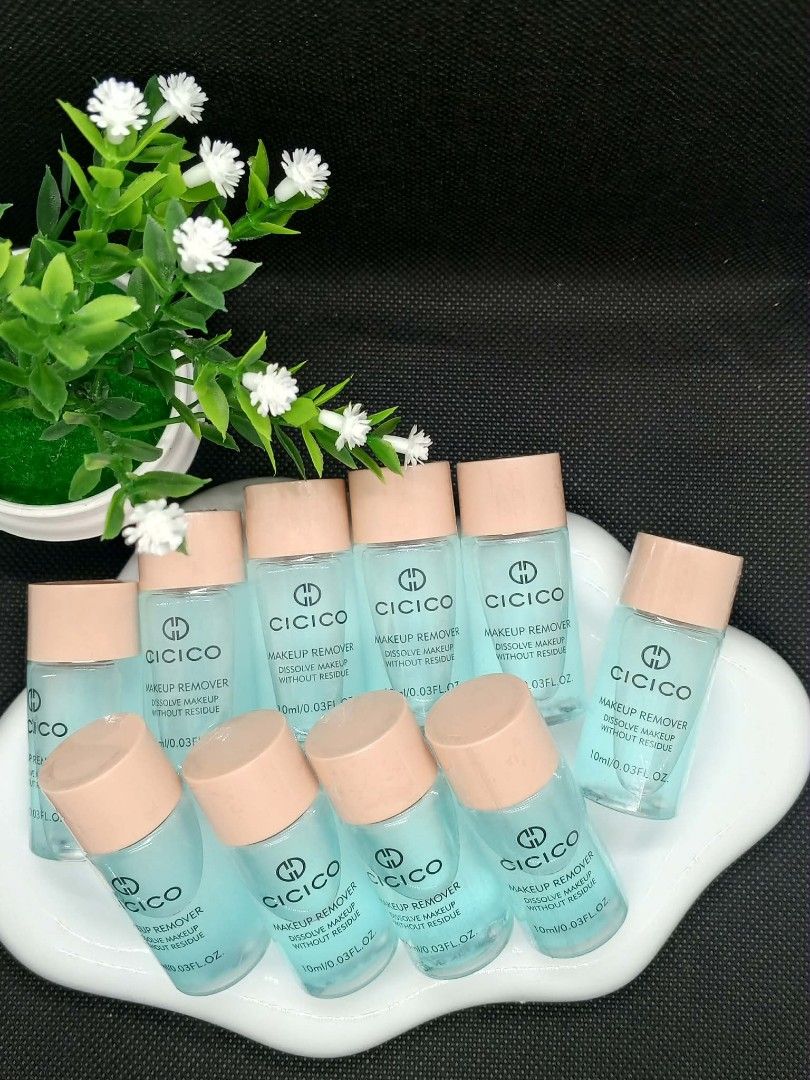 CICICO Makeup Remover 10ml Mini Travel Size Bottles (Category: Face Care) located in Manila. Submitted by rlndhenise (Listing ID 1467097013, Image 1). Description: - Lot of 10 CICICO mini makeup remover bottles - Size: 10ml / 0.3 FL. OZ. per bottle - Clear blue formula effectively dissolves makeup without residue - Cute design with light peach-coloured caps - Perfect for travel, touch-ups, or tossing in your purse.