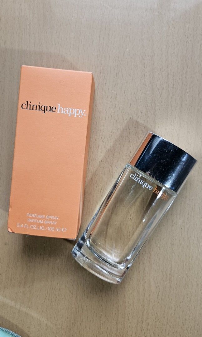 Clinique Happy Perfume Spray 100ml with Box (Category: Fragrance & Deodorants) located in Quezon City. Submitted by preppyraven (Listing ID 1467047615, Image 1). Description: Selling a preloved Clinique Happy Perfume Spray (100ml) with its original orange presentation box. Condition: Preloved. Fill level is very high, easily around 50% to 60% full (see photos). Where it was bought: Purchased last year online from JP Fragrance Shop (one of the mos