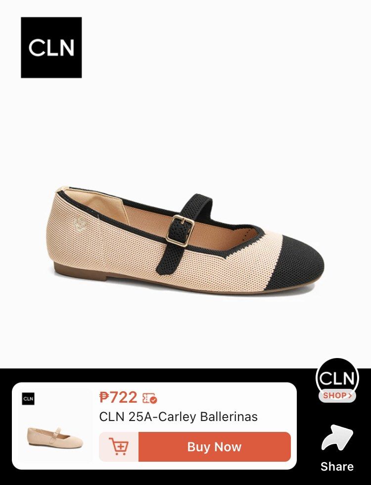 CLN 25A-Carley Ballerinas (Category: Flats & Sandals) located in Mandaluyong City. Submitted by thegfstore (Listing ID 1467027096, Image 1). Description: SIZE 38 USED ONCE - Brand/Model: CLN 25A-Carley Ballerinas - Color: Beige with contrasting black rounded toe cap - Material: Breathable knit fabric - Design: Mary Jane style with gold buckle closure - Comfort: Flat soles ideal for everyday wear - Type: Stylish slip-on footwear.