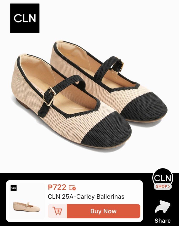 CLN 25A-Carley Ballerinas (Category: Flats & Sandals) located in Mandaluyong City. Submitted by thegfstore (Listing ID 1467027096, Image 2). Description: SIZE 38 USED ONCE - Brand/Model: CLN 25A-Carley Ballerinas - Color: Beige with contrasting black rounded toe cap - Material: Breathable knit fabric - Design: Mary Jane style with gold buckle closure - Comfort: Flat soles ideal for everyday wear - Type: Stylish slip-on footwear.