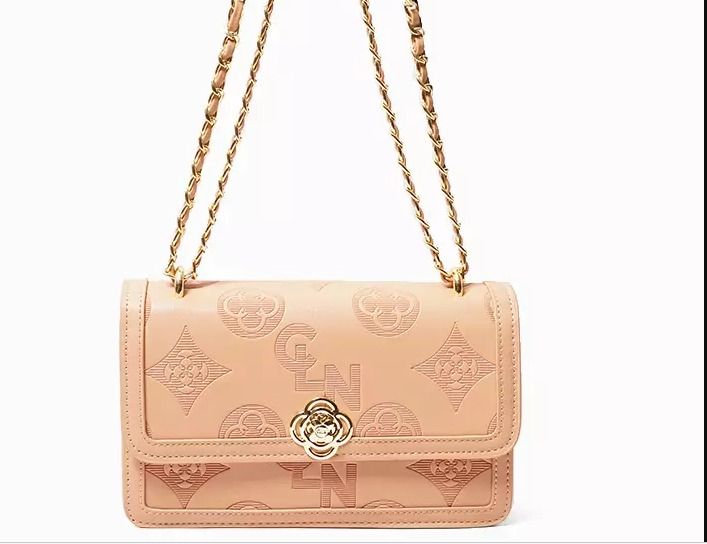 CLN Pink Embossed Shoulder Bag with Gold Chain (Category: Shoulder Bags) located in Quezon City. Submitted by jl84206 (Listing ID 1466983256, Image 1). Description: - Brand: CLN - Color: Soft Pink - Design: All-over debossed logo pattern with geometric shapes - Hardware: Premium gold metal accents and chain strap - Closure: Unique floral clasp on front flap - Shape: Structured rectangular silhouette - Condition: Excellent, well-maintained - RFS: 
