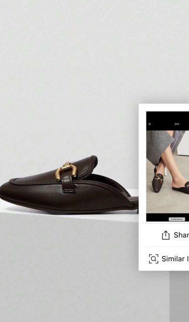 Coffee Brown Mule Loafers (Category: Loafers) located in Taguig. Submitted by heyitsfrann (Listing ID 1467136813, Image 3). Description: - Color: Rich coffee brown - Style: Slip-on mules with flat heels - Detail: Elegant gold-tone horsebit hardware - Toe: Chic pointed silhouette - Versatility: Perfect for office wear and casual everyday outfits.