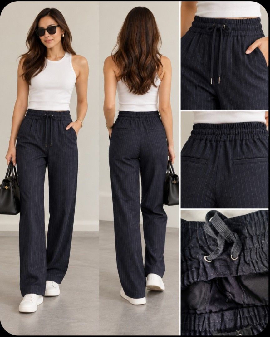 Colin's Navy Pinstripe Drawstring Trousers Size S (Category: Other Bottoms) located in Manila. Submitted by mhelcgm (Listing ID 1467071848, Image 1). Description: - Brand/Model: Colin Navy Blue Trousers - Pattern: White pinstripes - Size: S (tag attached) - Fit: Relaxed wide-leg - Waist: 24 to 32 inches (elastic band with adjustable drawstring) - Length: 36 inches - Pockets: Two back welt pockets - Material: Super comfortable.