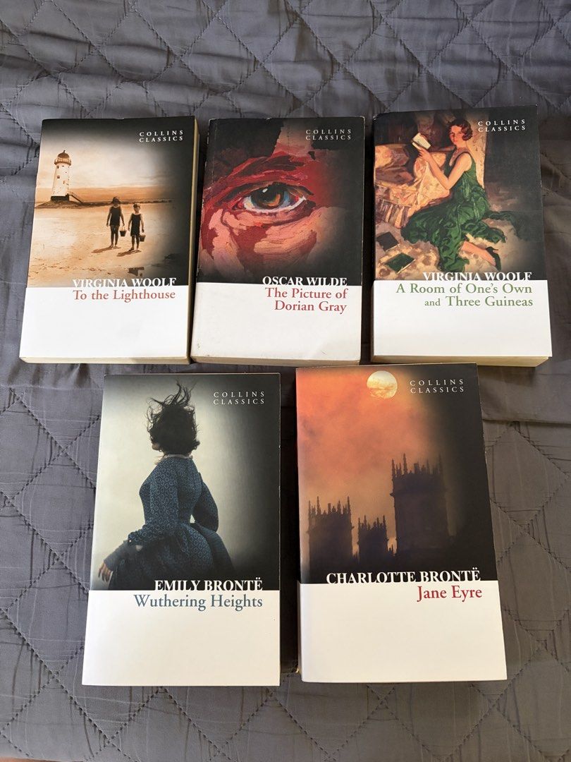 Collins Classics Book Bundle (5 Classic Novels) (Category: Storybooks) located in Cebu City. Submitted by michellestones (Listing ID 1467031930, Image 2). Description: - wSet of 5 Collins Classics paperbacks - Includes: Jane Eyre, Wuthering Heights, A Room of One's Own & Three Guineas, The Picture of Dorian Gray, and To the Lighthouse - Authors: Charlotte Brontë, Emily Brontë, Virginia Woolf, and Oscar Wilde - Condition: Great reads for literatur
