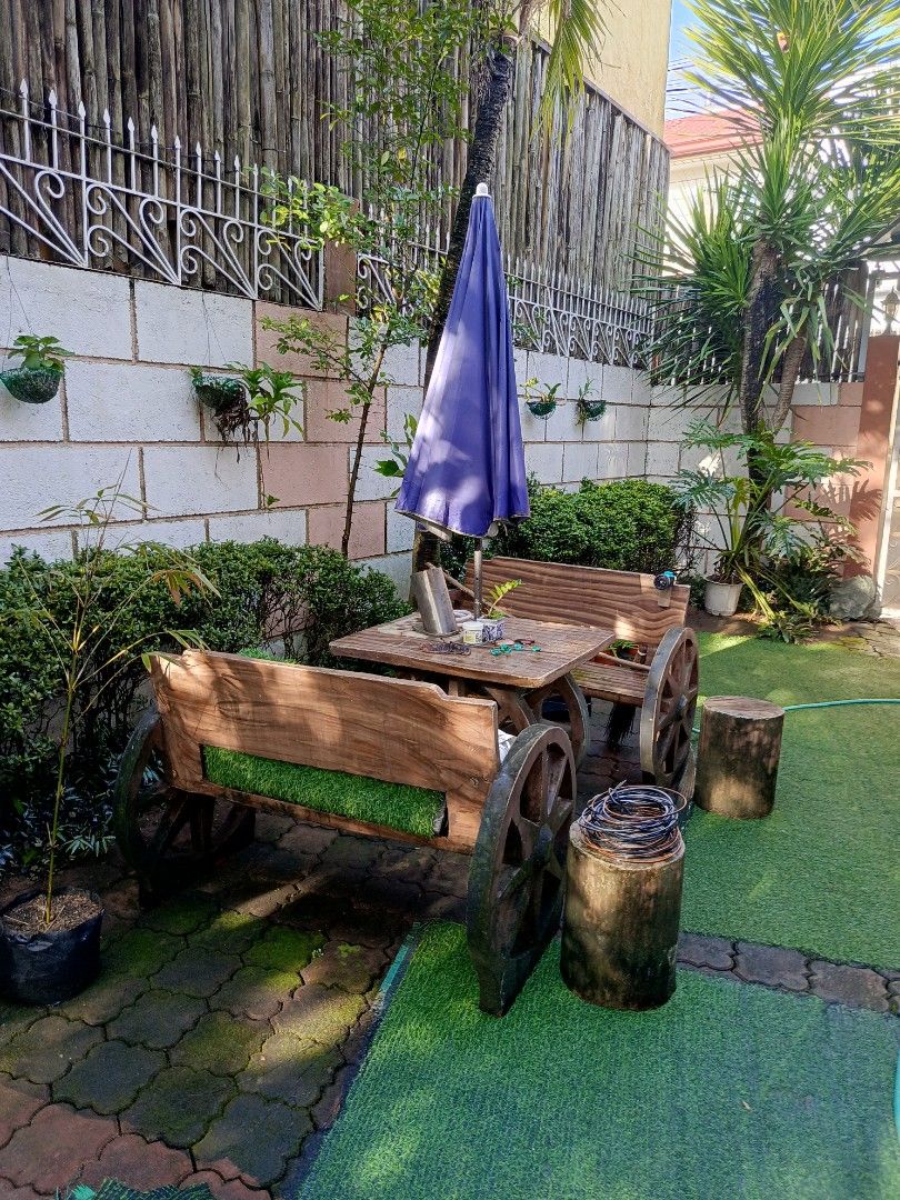 Concrete garden set for only 2,998 (Category: Outdoor Furniture) located in Rizal. Submitted by her_shey (Listing ID 1466971485, Image 2). Description: - Complete concrete garden set for backyard or patio lounging - Includes 2 rustic wagon wheel benches and a matching table - Includes 2 matching tree trunk side stools note: umbrella is NOT included hurry grab it now for only 2,998 pick up only.