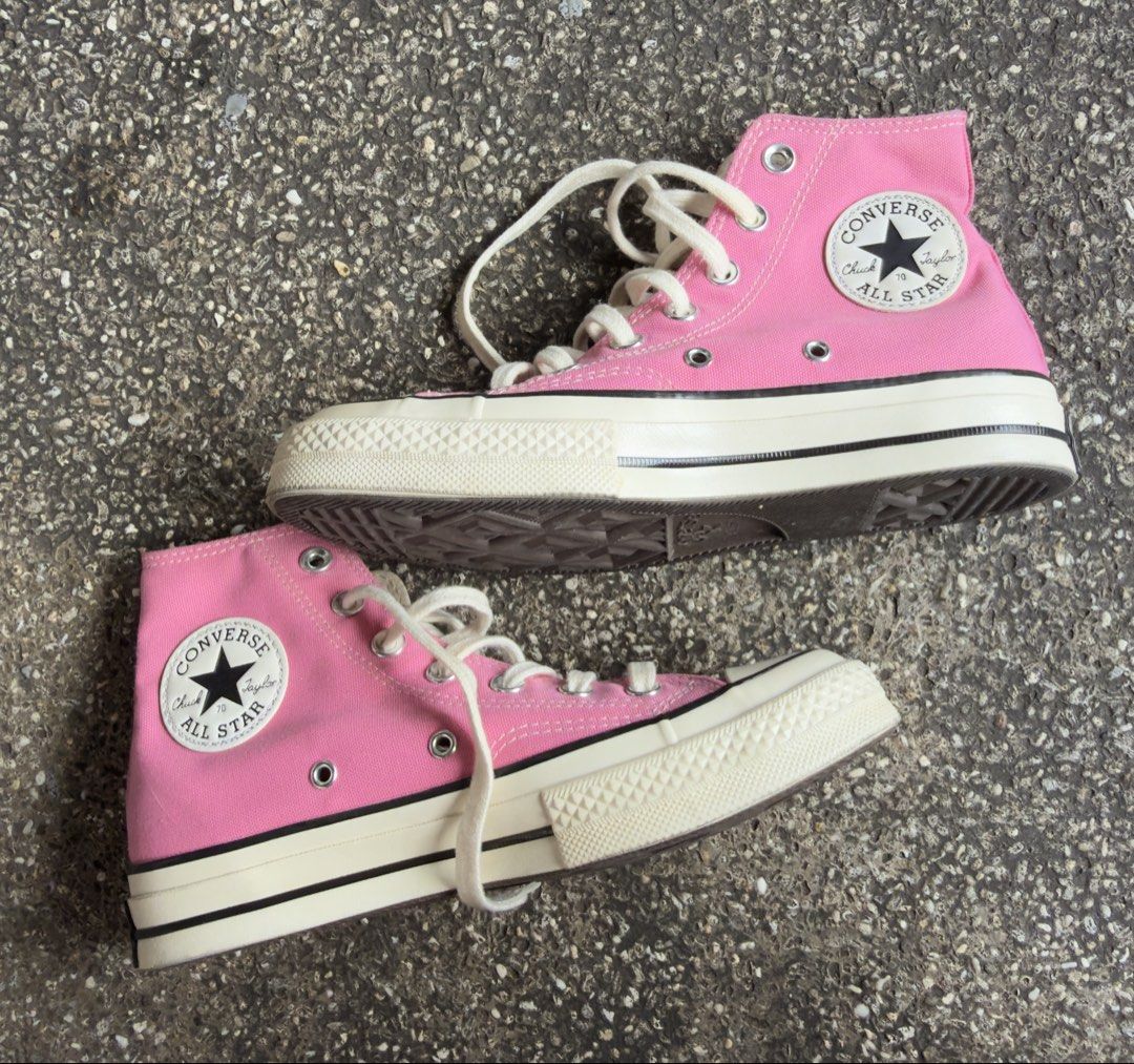Converse Chuck 70 High Top Pink (Category: Sneakers) located in Quezon City. Submitted by cess.adams (Listing ID 1467039800, Image 1). Description: - Wore once only - Size 37.5 - Brand: Converse Chuck 70 High Tops Class A - Color: Bright Pink canvas with off-white rubber midsoles - Size: US Men's 4.5 / US Women's 6.5 / UK 4.5 / EUR 37 / 23.5 cm - Details: Classic star ankle patches, metal eyelets, white laces, vintage heel license plates, and pla