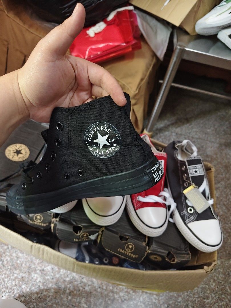Converse Chuck Taylor Canvas High-cut and Low-cut (Category: Sneakers) located in Quezon City. Submitted by totally_trendy (Listing ID 1466999166, Image 2). Description: Converse Chuck Taylor All Star - Styles: Low-top and high-top - Colors: Black, blue, red, and charcoal grey - Details: Classic white rubber toe caps, contrast stitching, and tags attached - Packaging: With or without box (damaged) - Condition: Unused, from bodega - Sizes: 30-42 -