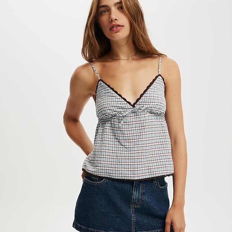 Cotton On Plaid Cami Top Brown Blue (Category: Sleeveless) located in Manila. Submitted by xxxara (Listing ID 1467029724, Image 1). Description: bnew w tag size s-m cute top! .