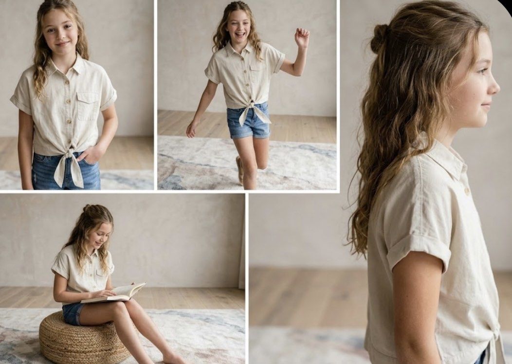 Cream button-down crop top with tie front (Category: Babies & Kids Fashion) located in Manila. Submitted by bright.atina14 (Listing ID 1467073027, Image 2). Description: - Color: Cream - Style: Short-sleeve button-down with collared neckline - Details: Tortoiseshell-style buttons, single left chest pocket, cuffed sleeves, and a trendy tied knot at the hem - Material: Lightweight and comfortable fabric - Styling Tip: Pairs perfectly with denim sho