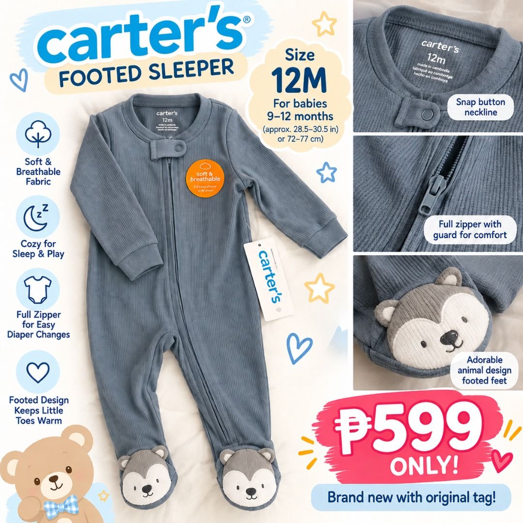 C@rter's Footed Sleeper Size 12M (Category: Babies & Kids Fashion) located in Caloocan City. Submitted by quickforest-a911 (Listing ID 1467093479, Image 1). Description: - Brand new with original store tag attached - Size 12M (fits babies 9 to 12 months) - Color: Solid greyish-blue - Soft and breathable ribbed fabric for all-day comfort - Full zip front featuring a safety guard at the top snap neckline - Adorable animal face design on the footed 