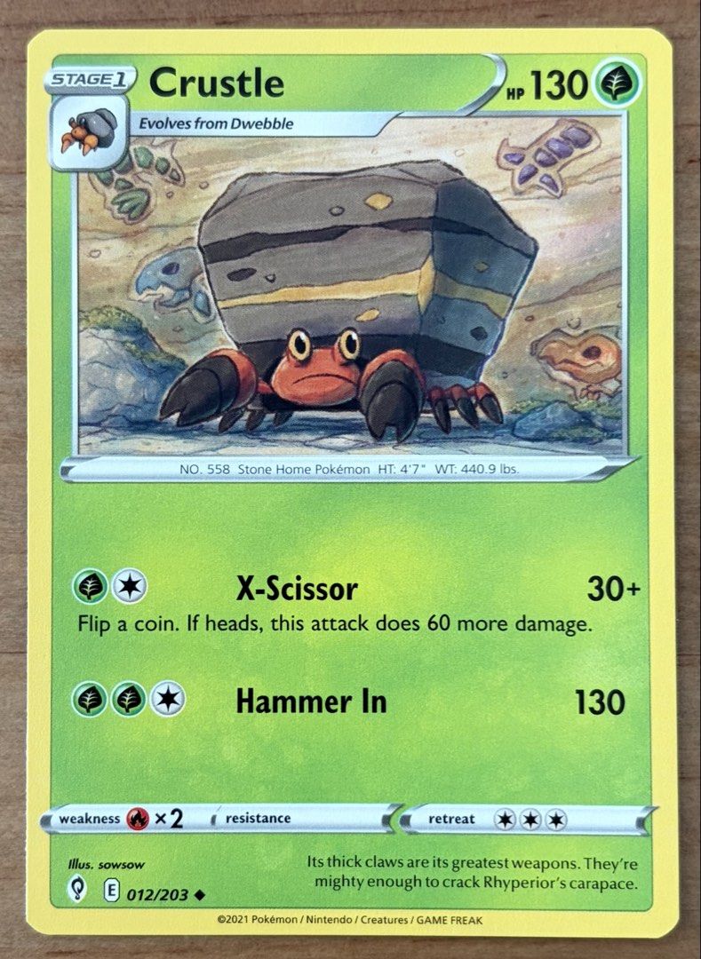 Crustle | Pokemon Cards ~ Evolving Skies (sowsow) (Category: Raw Singles) located in Makati City. Submitted by cardlab (Listing ID 1467165257, Image 1). Description: Items are 💯 authentic/original/legit. About The Card: •Language: EN • Number: 012/203 • Uncommon • Normal FOR: • Cards ₱99 and below with Card Sleeves • Cards ₱100 and up with Card Sleeves and Used Toploader • ₱10 for Bnew Tops Packaging (If Shipping): ✔️ Plastic cover ✔️ Cardboard 