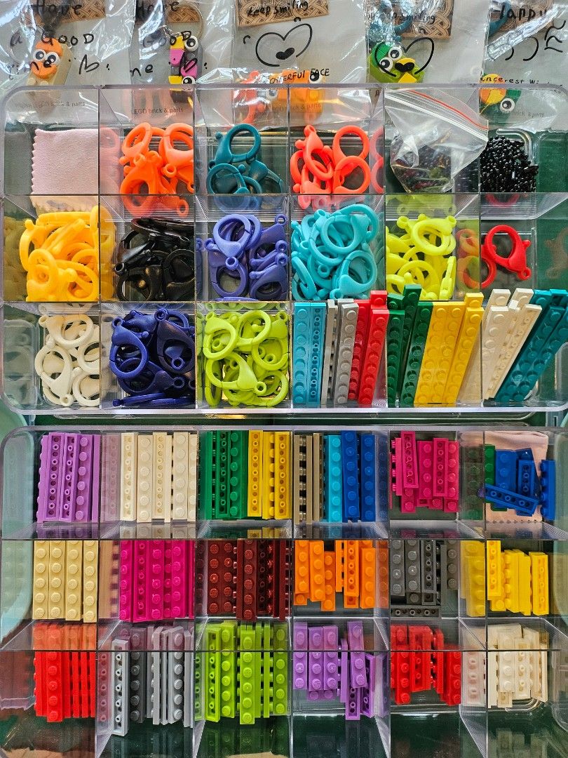 Custom Lego Brick Name Charms (Category: Lego & Building Sets) located in Quezon City. Submitted by thebrickingpoint (Listing ID 1467024466, Image 3). Description: Custom brick charms made from Lego bricks and parts with custom text and symbols. 1x4 - P60 (max 3 letters) 1x6 - P100 (max 5 letters) 1x8 - P120 (max 7 letters) Each brick charm includes a colored clasp and black ball chain. Brick letters available in mint, pink, blue and white colors