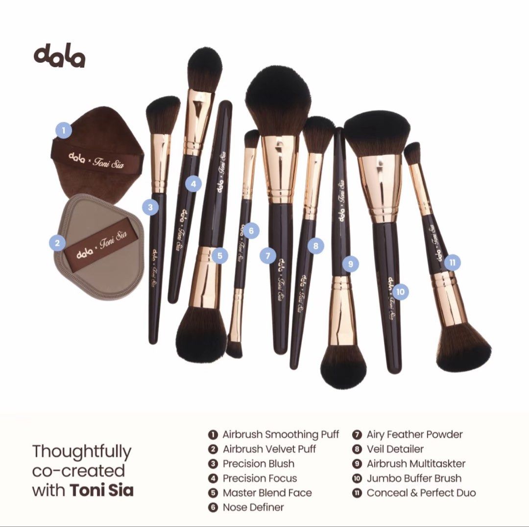 Dala x Toni Sia Makeup Brush Set - Read Description! (Category: Makeup) located in Bacolod City. Submitted by starqarts (Listing ID 1467062339, Image 1). Description: ₱300 per brush. ₱1,150 if set + pouch AVAILABLE BRUSHES: - 4. Precision Focus - 5. Master Blend Face - 8. Veil Detailer - 9. Airbrush Multitasker - 11. Conceal and Perfect Duo - Brand new Dala x Toni Sia makeup brush set WITH POUCH - All brushes come with their original protective m