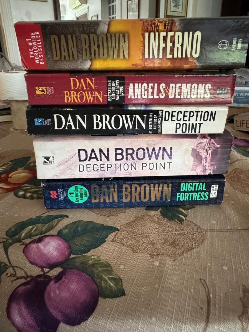 Dan Brown Novel Collection Pack Angels and Demons Deception Point (Category: Storybooks) located in Paranaque City. Submitted by jiggybautista (Listing ID 1467036453, Image 1). Description: - Dan Brown Bestselling Thriller Bundle - Includes 5 paperback books: Angels & Demons, Deception Point, Inferno, and Digital Fortress - Perfect page-turners for mystery and thriller fans - Condition: Pre-loved, great for reading - Reason for selling: Clearing 