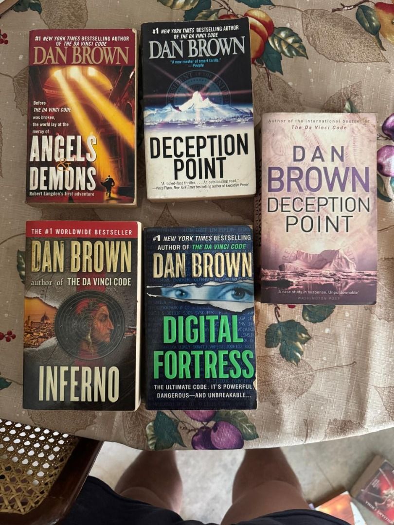 Dan Brown Novel Collection Pack Angels and Demons Deception Point (Category: Storybooks) located in Paranaque City. Submitted by jiggybautista (Listing ID 1467036453, Image 2). Description: - Dan Brown Bestselling Thriller Bundle - Includes 5 paperback books: Angels & Demons, Deception Point, Inferno, and Digital Fortress - Perfect page-turners for mystery and thriller fans - Condition: Pre-loved, great for reading - Reason for selling: Clearing 