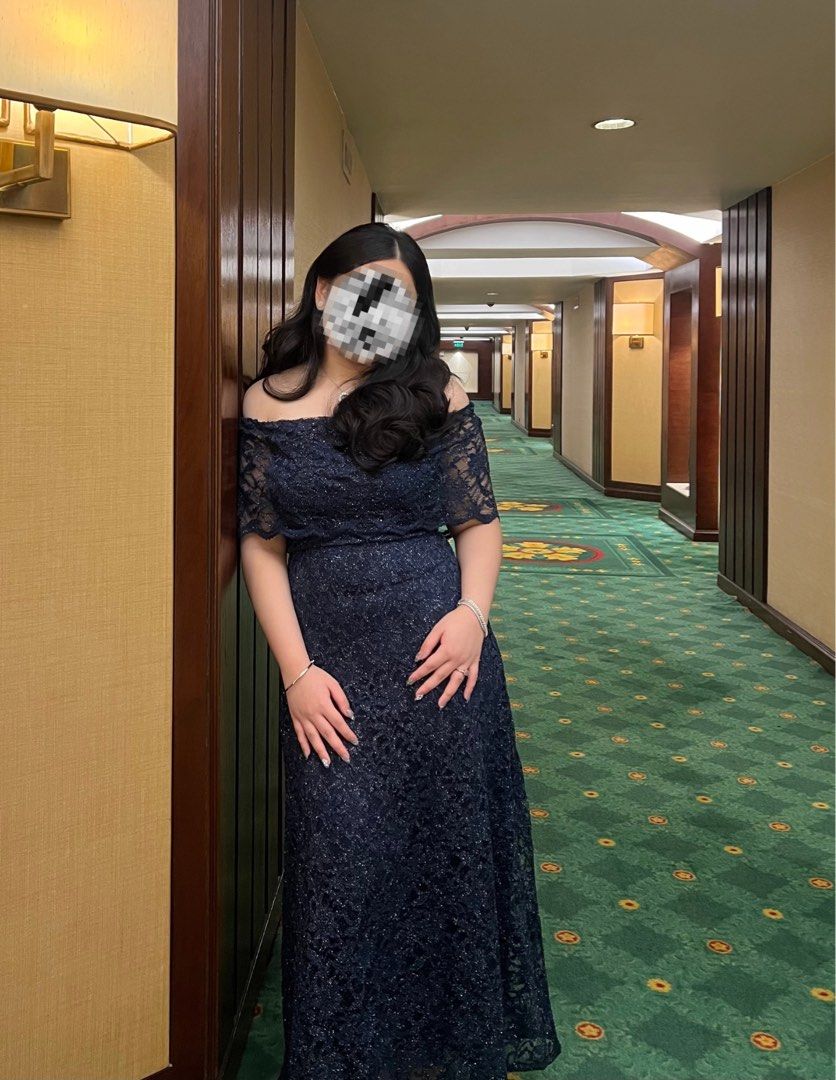 Dark Blue Off-Shoulder Lace Gown (Category: Dresses) located in Quezon City. Submitted by prelovedbynana.9 (Listing ID 1467081499, Image 2). Description: .