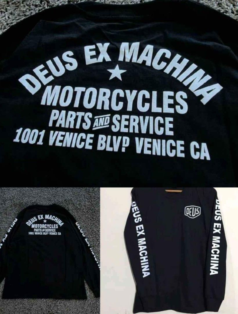 Deus Ex Machina Venice Long Sleeve Black (Category: Tshirts & Polo Shirts ) located in Baliuag. Submitted by el01993 (Listing ID 1466993729, Image 1). Description: - Brand: Deus Ex Machina - Color: Black - Size/Fit: Regular fit, crew neck - Details: Small chest logo badge, bold text on both sleeves, and large Venice Blvd graphic on the back Available TSHIRT AND LONGSLEEVE XL : SIZE LONGSLEEVE- 410 XXL : SIZE TSHIRT- 380 BRAND NEW NO TAG + SF FLAS