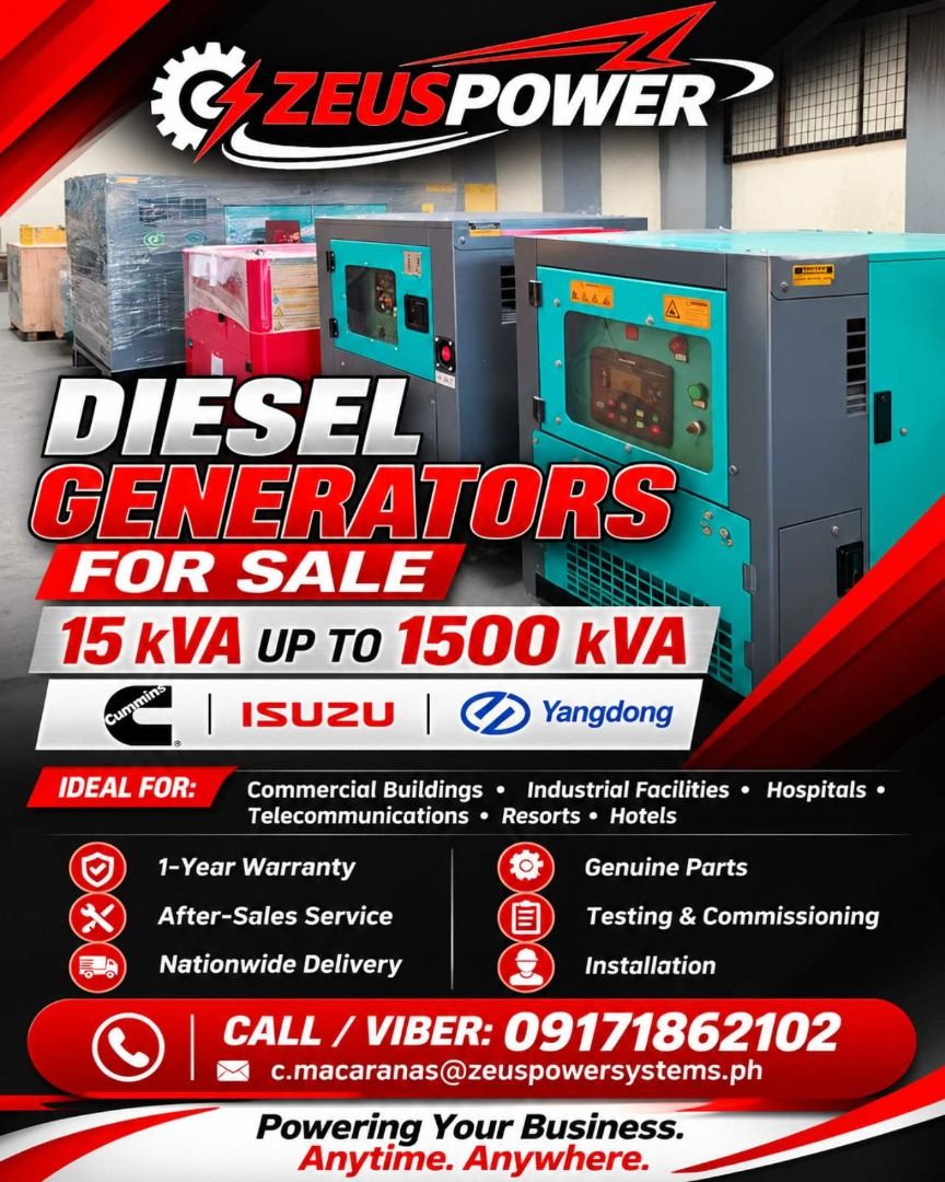 diesel Generator (Category: Industrial Equipment) located in San Juan City. Submitted by macaranasc92213 (Listing ID 1467020561, Image 1). Description: Mounted tropical radiator. • Skid base with anti-vibration mounts. • Skid-based diesel tank. • Exhaust silencer and flexible pipe, batteries with cables, toolkit and operation manual • Brushless, single bearing and drop proof screen protected. • Class H insulation. • IP21-IP23 protection standard 