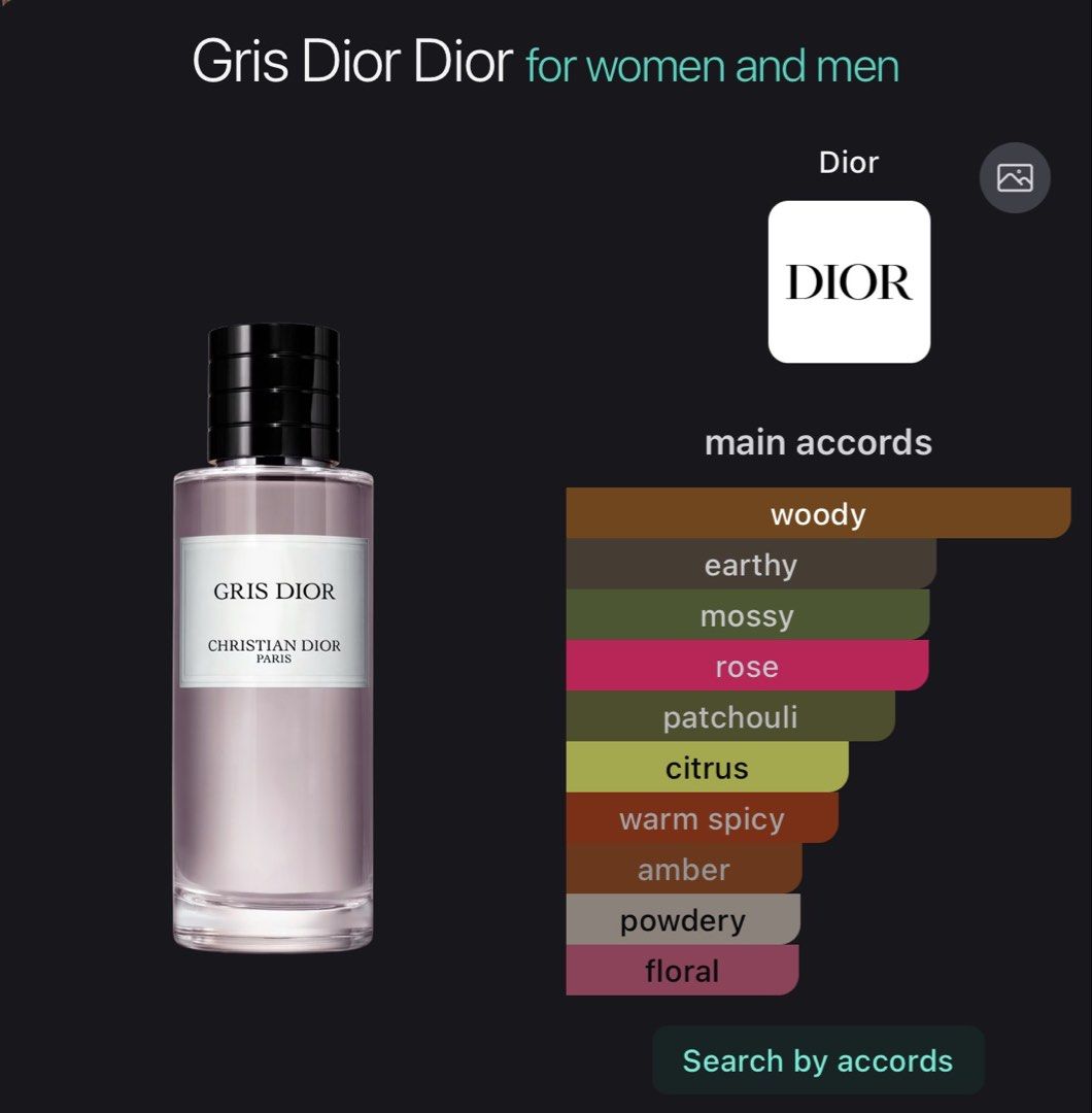Dior perfume vial 1.2ml - Gris Dior (Category: Fragrance & Deodorants) located in Balagtas. Submitted by venta.shop (Listing ID 1466999038, Image 3). Description: Gris Dior is an iconic unisex chypre fragrance from La Collection Privée Christian Dior. Fragrance Profile • Type: Floral Chypre (unisex) • Key Notes: Bergamot (citrus), rose, violet, patchouli, cedar, amber, sandalwood, and oakmoss. • Characteristics: Offers a balance of floral and woo