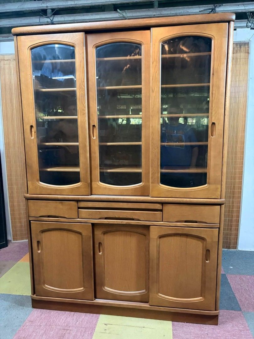 Display Cabinet (Category: Shelves, Cabinets & Racks) located in Meycauayan. Submitted by marygracecasimiro (Listing ID 1467007448, Image 1). Description: KARIMOKU Elegant SLIDING DOORS Cabinet SOLID WOOD!!! VERY HEAVY!!! MAKINIS!!! Very Big Display Cabinet, Cupboard, Platera Vintage Mid-Century Design Diamond cut Glass Doors, Adjustable Shelves This classic piece features a two-tiered design, including an upper hutch with three arched glass slid