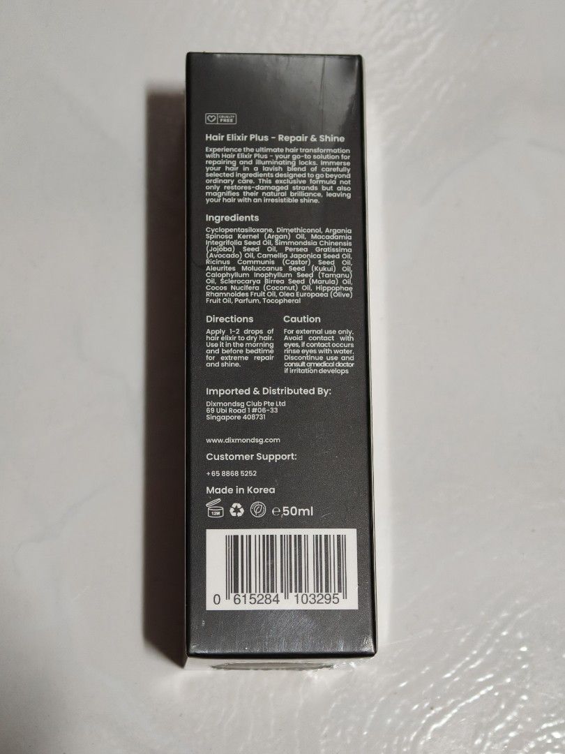 Dixmondsg Elixir (Category: Hair) located in Singapore. Submitted by ryelin (Listing ID 1467097685, Image 2). Description: - Product: Dixmondsg Queen Elixir Plus (50ml) - Condition: Brand new, sealed plastic wrapping intact Expiry 2030 Meetup at yishun mrt Mailing - $2.50.