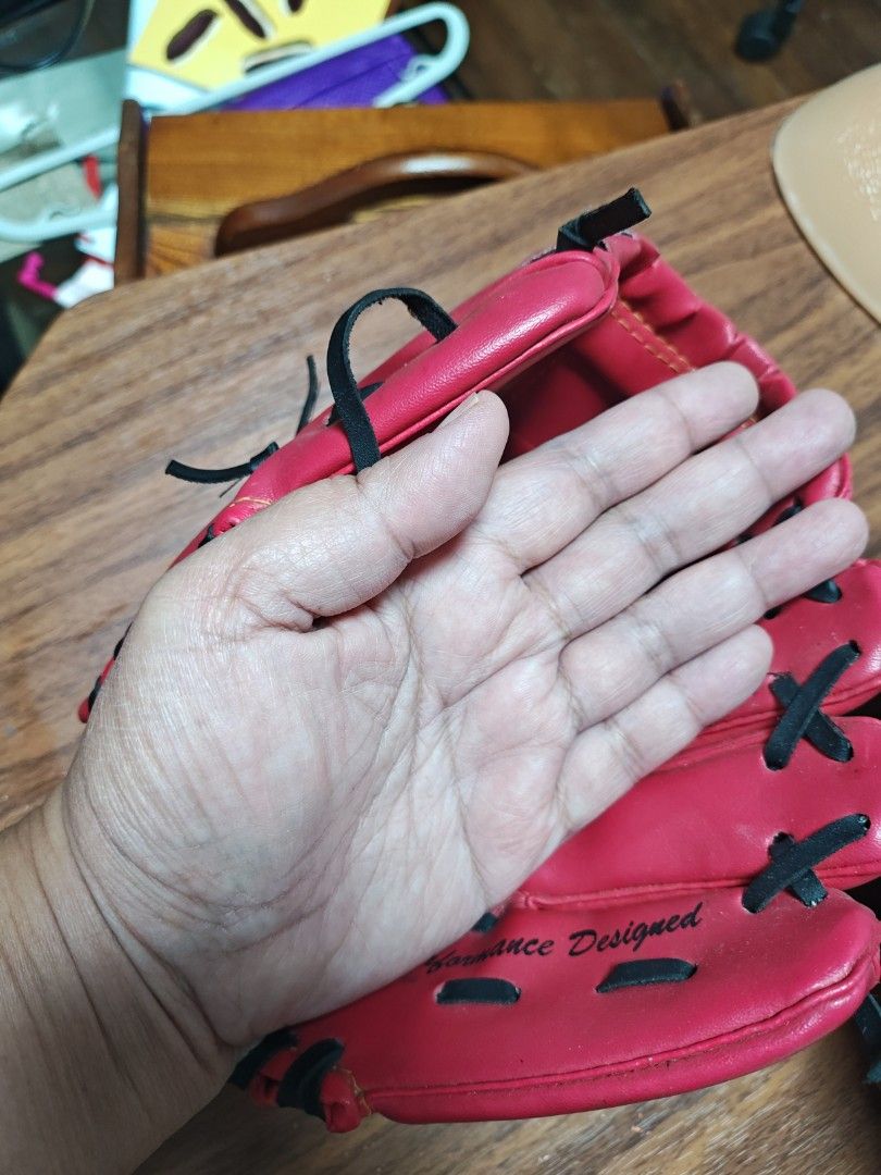 DL Sport Red Baseball Glove (Category: Racket and Ball Sports) located in Manila. Submitted by teng_d (Listing ID 1467164810, Image 3). Description: - Brand/Model: DL Sport baseball glove - Color & Style: Bright red with contrasting black lacing - Build: Hand-crafted, performance-designed palm lettering - Web Design: Traditional web with adjustable wrist strap - Orientation: Standard right-hand thrower setup - Condition: Ready for your next game 