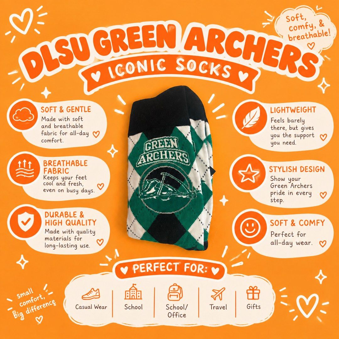 DLSU Green Archers Iconic Socks (Category: Socks) located in Navotas City. Submitted by ohyeinz (Listing ID 1467166552, Image 1). Description: For the green-blooded archers! 🏹💚 show your school spirit with these iconic DLSU Green Archers long socks. perfect for students, alumni, collectors, and Lasallians!.
