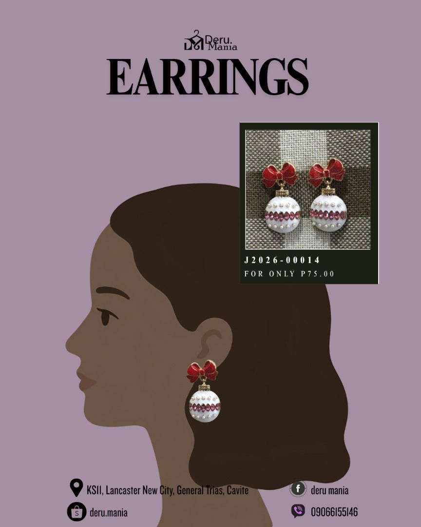 Earrings | J2026-00014 (Category: Earrings) located in Quezon City. Submitted by deru.maniaph (Listing ID 1467110229, Image 1). Description: ✨ Starting at ₱75 — Christmas is near! 🎁 Pwedeng-pwede itong gift for your friends, workmates, or loved ones! 💝 Sabi nga ng kanta, “Give Love on Christmas Day.” ❤️🎶 Spread a little love and make someone smile this Christmas! 🎄🎁 Disclaimer: Deru.mania is not affiliated with any brands posted on this acco