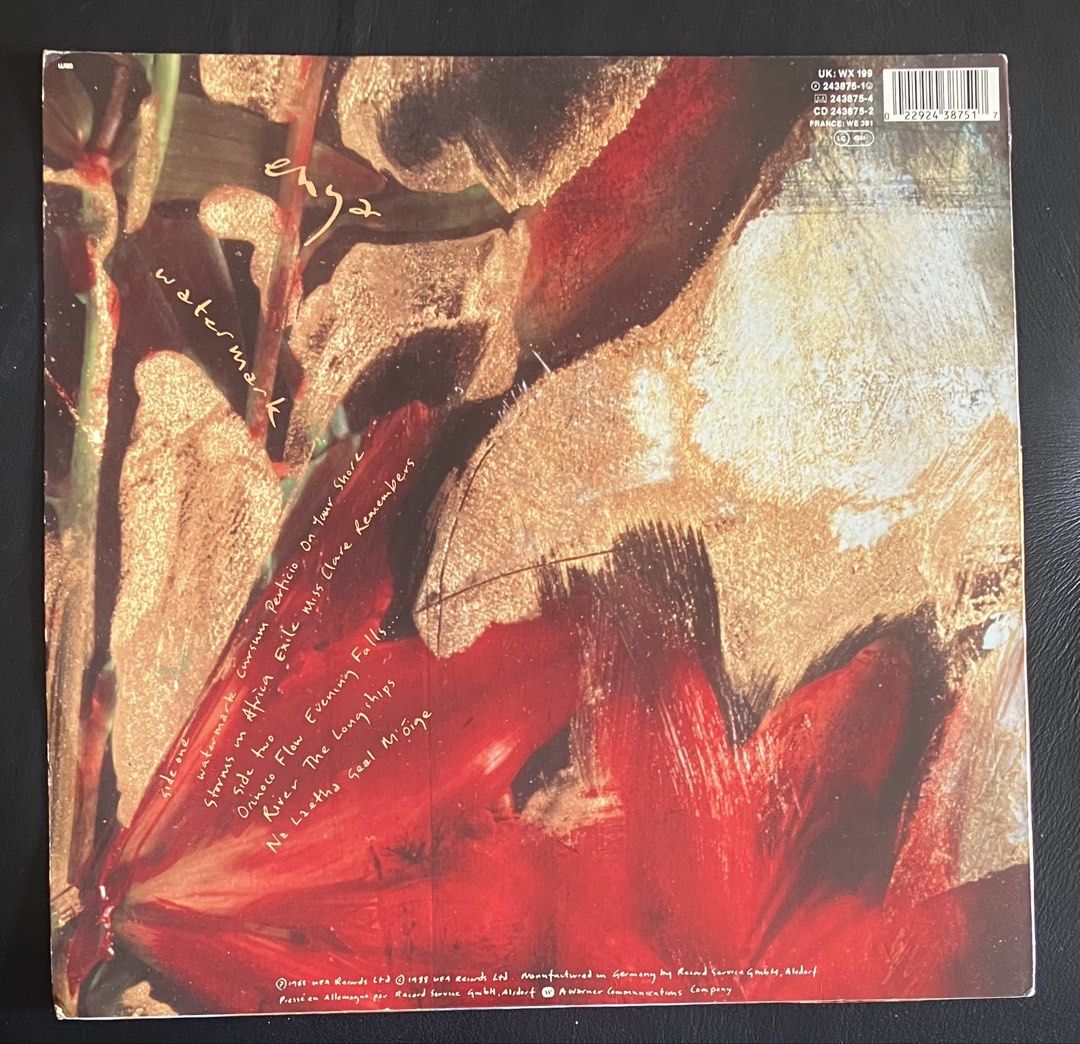 ENYA Watermark Vinyl LP (Category: Vinyls) located in Paranaque City. Submitted by d33t00 (Listing ID 1467108980, Image 2). Description: ENYA Watermark Vinyl LP Tracklist: A1 Watermark A2 Cursum Perficio A3 On Your Shore A4 Storms In Africa A5 Exile A6 Miss Clare Remembers B1 Orinoco Flow B2 Evening Falls... B3 River B4 The Longships B5 Na Laetha Geal M’óige Made in Germany, 1988 Outer sleeve and Vinyl in Very Good condition With inner sleeve Pre