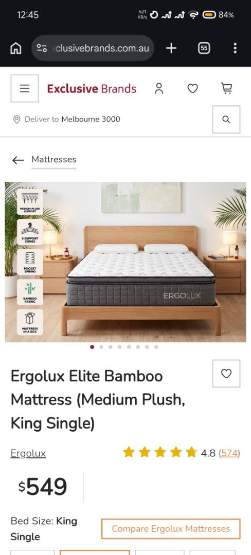 Ergolux Elite Bamboo King Single Mattress Medium Plush (Category: Bed Frames & Mattresses) located in Caloocan City. Submitted by budlat944-45384 (Listing ID 1466997155, Image 3). Description: - Size: King Single - Condition: Brand new, completely unused, and still wrapped in original plastic - Support: Medium plush with 9 targeted support zones - Construction: Advanced pocket spring system with reinforced edges to prevent sagging - Cover: Soft a