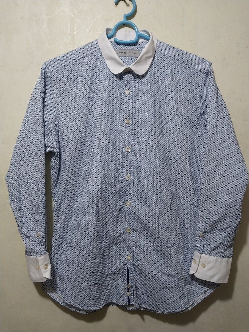ETRO Blue Patterned Long Sleeve Shirt with White Collar (Category: Formal Shirts) located in Manila. Submitted by PrinceDani.Clothing (Listing ID 1467059198, Image 2). Description: etro blue printed long-sleeves Medium 22in width 29in length made in Italy excellent condition .