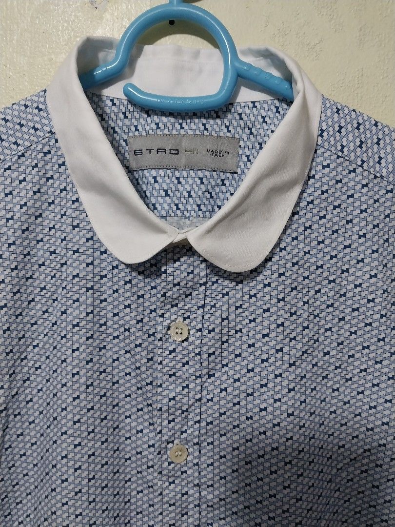ETRO Blue Patterned Long Sleeve Shirt with White Collar (Category: Formal Shirts) located in Manila. Submitted by PrinceDani.Clothing (Listing ID 1467059198, Image 3). Description: etro blue printed long-sleeves Medium 22in width 29in length made in Italy excellent condition .