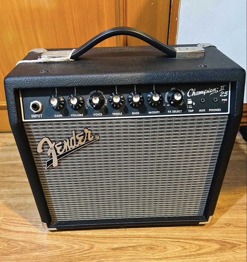 Fender Champion II 25 Guitar Amplifier (Category: Musical Instruments) located in Santa Rosa. Submitted by pure.taftshop (Listing ID 1467068234, Image 1). Description: - 25-watt power output, perfect for home practice - Built-in effects and versatile amp voices to shape your sound - Convenient front-panel input jack, auxiliary input, and headphone output - Serial number and power specs clearly printed on the rear panel RFS: got surprised for a be