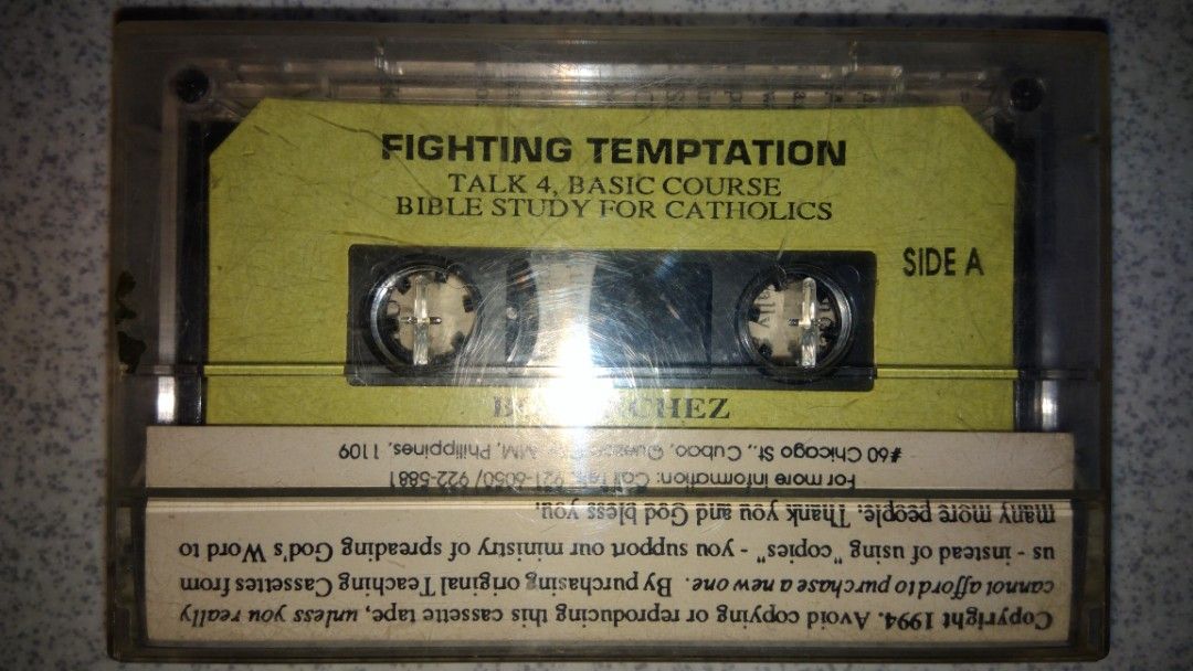 Fighting Temptation Bo Sanchez Cassette Tape (Category: Religion Books) located in Makati City. Submitted by julz2026 (Listing ID 1467001423, Image 2). Description: -Price is fixed - With inlay and transparent casing - Very good condition.