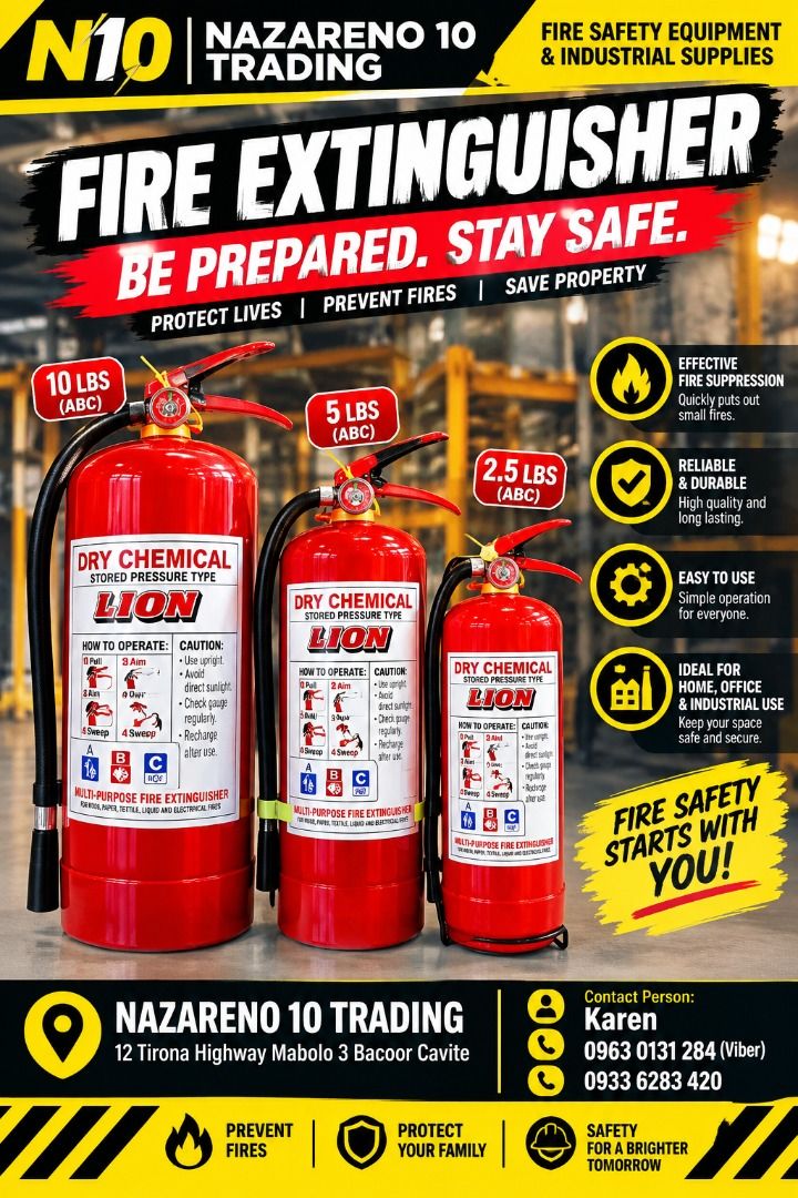 Fire Extinguisher (Category: Looking For) located in Bacoor. Submitted by kajezame.2021 (Listing ID 1467045209, Image 1). Description: Fire Extinguisher For More Details and Discount Contact Ms. Karen NAZARENO 10 TRADING 0963 0131 284 0933 6283 420 0956 7028 557 0933 8559 510 Landline: Look for Ms. Karen (046 ) 416 3920 Also available: • Traffic cone • Parking Block stopper • Hooded trash bin • Road Plastic Barrier • Spill boom • Fishing buoy • S