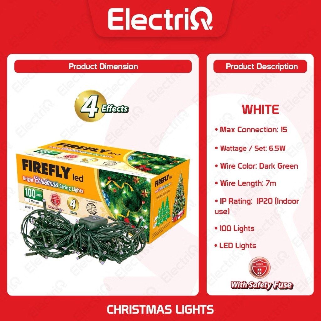 Firefly LED Christmas String Lights White 7m (Category: Lighting) located in Quezon City. Submitted by mikaelalucila (Listing ID 1466978990, Image 2). Description: - Brand: electriQ Firefly Christmas string lights - Color: White LEDs with dark green wire (blends easily into trees) - Length: 7 meters total with 100 bright lights - Modes: 4 different lighting effects to suit your mood - Safety: Built-in safety fuse, supports up to 15 max connection