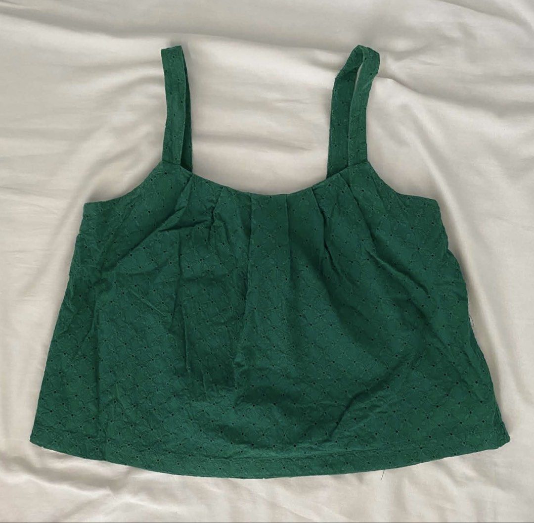 For Me Green Eyelet Tank Top (Category: Sleeveless) located in Manila. Submitted by Mimi020623 (Listing ID 1467127176, Image 1). Description: - Brand: for-me - Size: Medium - Color: Green - Design: Square neckline with thick straps - Lining: Fully lined interior - with slight fading, fits medium to large.