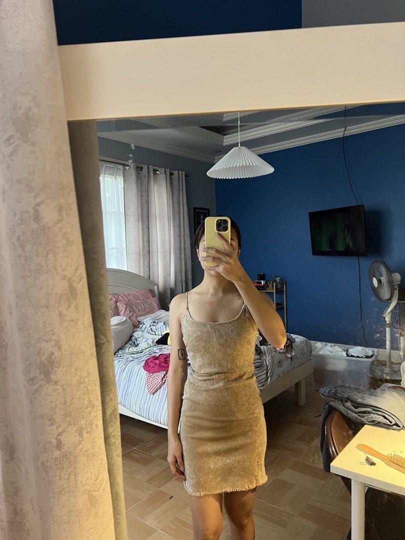 Forever 31 Beige spaghetti strap bodycon mini dress (Category: Dresses) located in Bulacan. Submitted by fallongallon (Listing ID 1467043492, Image 1). Description: - Color: Beige - Material: Soft, stretchy crushed velvet - Fit: Bodycon, above the knee with raw hem detail - Features: Spaghetti straps, back zip closure - Condition: Great shape, worn a few times - Note: Wardrobe clearout piece, grab it before it's gone!.