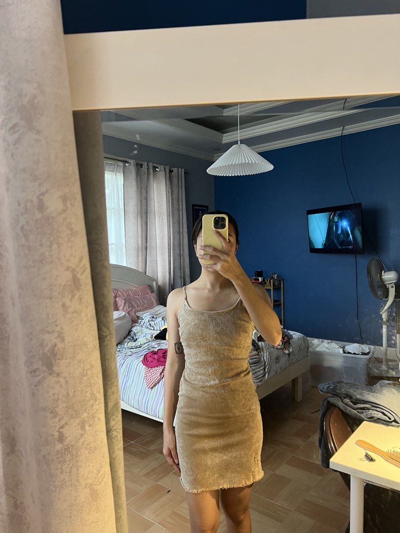 Forever 31 Beige spaghetti strap bodycon mini dress (Category: Dresses) located in Bulacan. Submitted by fallongallon (Listing ID 1467043492, Image 3). Description: - Color: Beige - Material: Soft, stretchy crushed velvet - Fit: Bodycon, above the knee with raw hem detail - Features: Spaghetti straps, back zip closure - Condition: Great shape, worn a few times - Note: Wardrobe clearout piece, grab it before it's gone!.